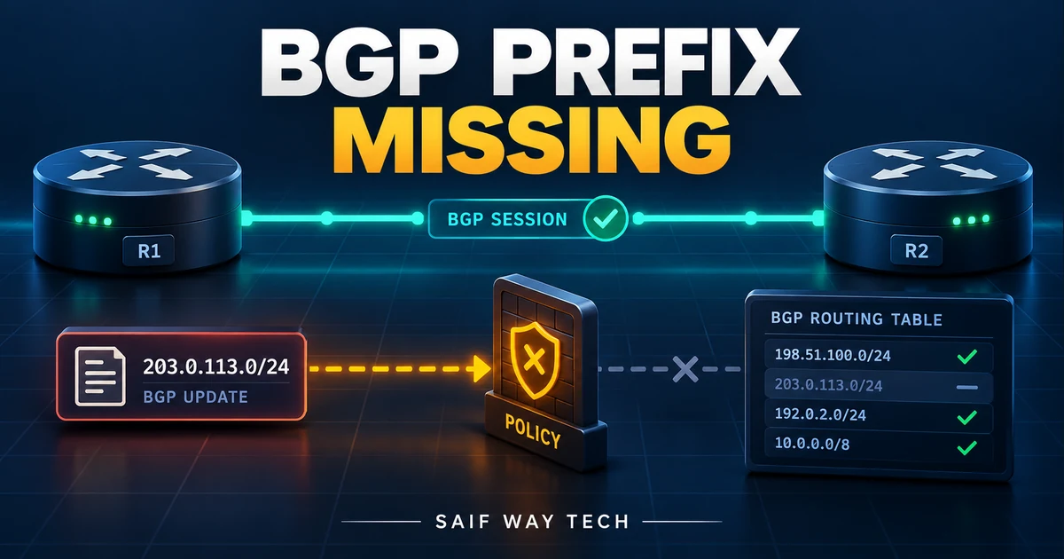 Conceptual established BGP session with one route stopped at an export policy gate