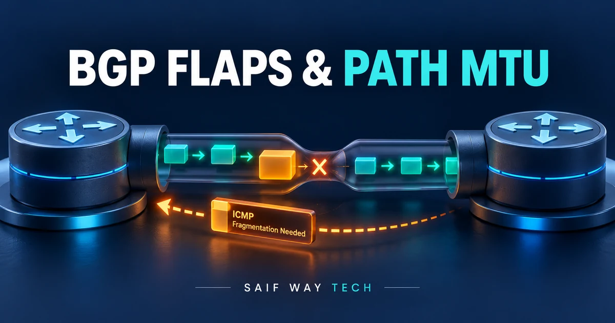 Conceptual BGP path through a narrow tunnel with large packets blocked and separate ICMP feedback