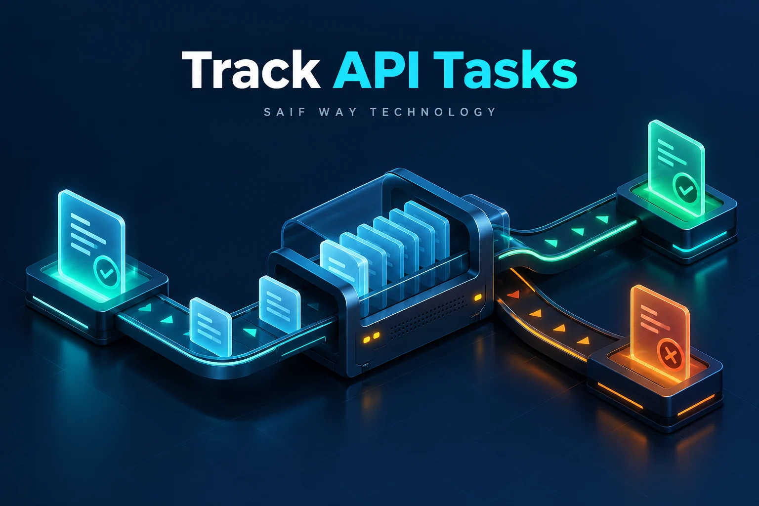 An API request moving through a task queue — conceptual illustration