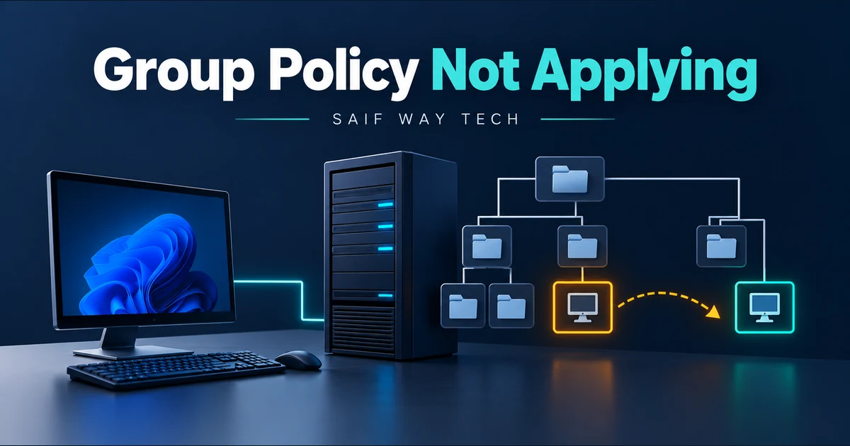 Conceptual directory hierarchy and workstation showing a policy targeting problem and corrected path