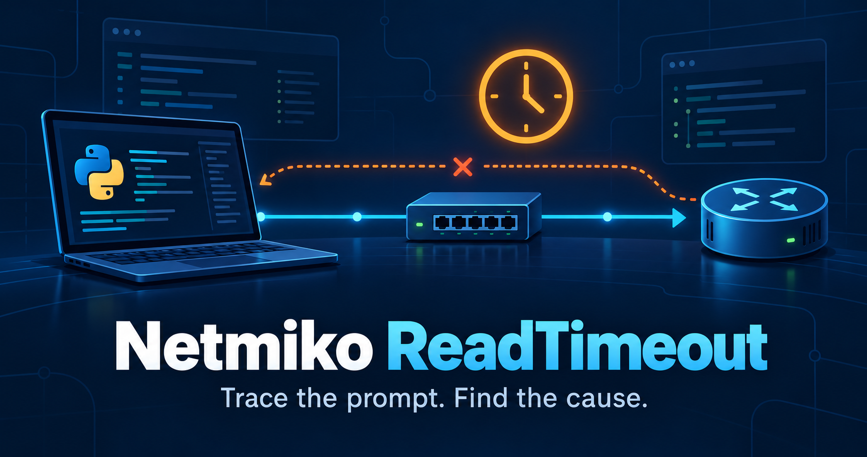 Netmiko ReadTimeout conceptual illustration: an automation host, switch, router and response timeout