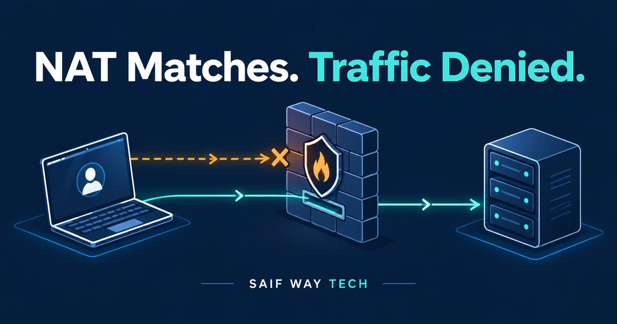 Conceptual client, firewall and server with a blocked permission gate and corrected traffic path