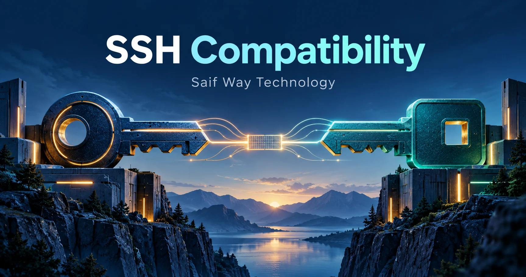 Two SSH key types meeting at a compatibility bridge — conceptual illustration