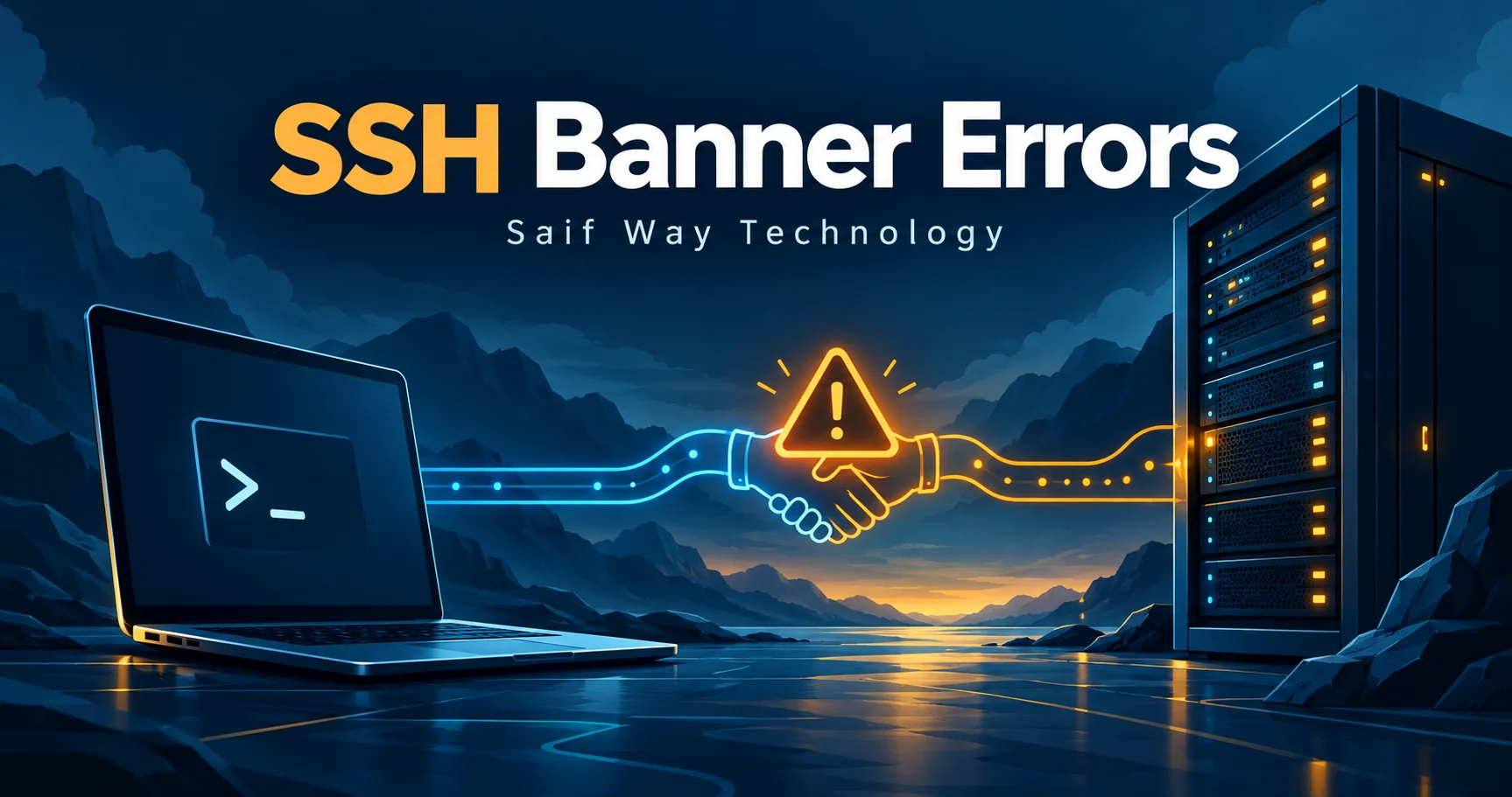 SSH greeting between a laptop and server with a diagnostic marker — conceptual illustration