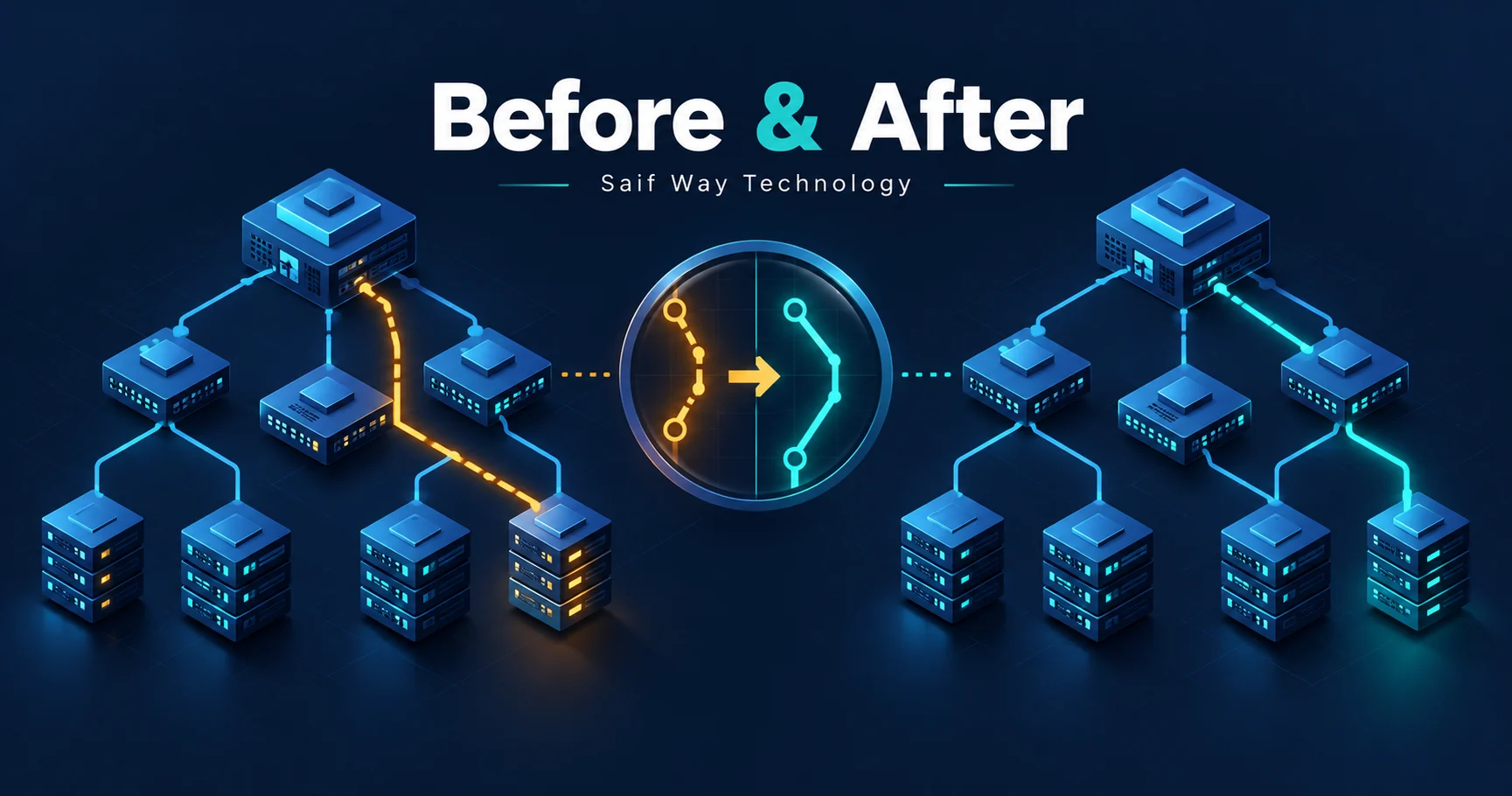 Before and after network snapshots with one changed route — conceptual illustration