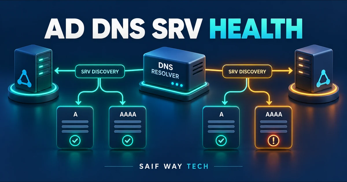 Conceptual AD SRV discovery branching into separate target A and AAAA address checks