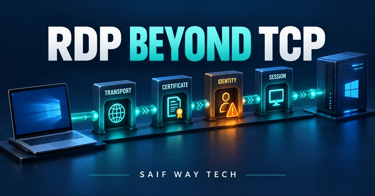 Conceptual remote desktop connection passing transport but stopping at an identity gate