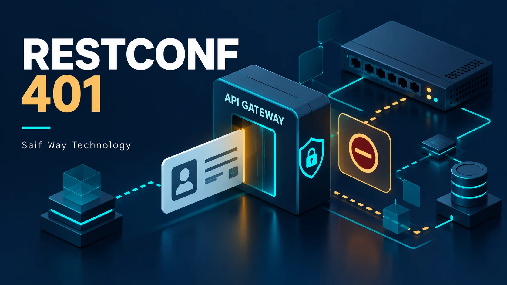 A RESTCONF gateway checking identity and permission — conceptual illustration