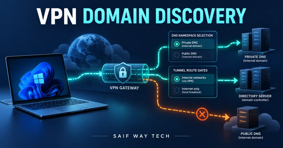 Conceptual Windows VPN path with separate private DNS namespace selection and controller route checkpoints