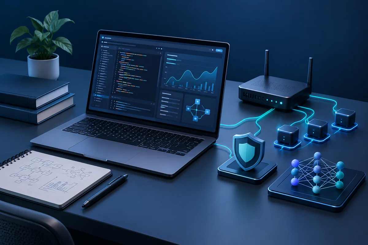 Technical illustration of a programming laptop connected to networking, cybersecurity and AI project elements