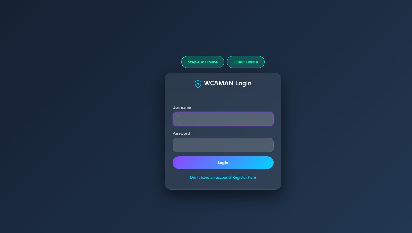 WCAMAN login page showing LDAP, step-ca, and configured backend services online.