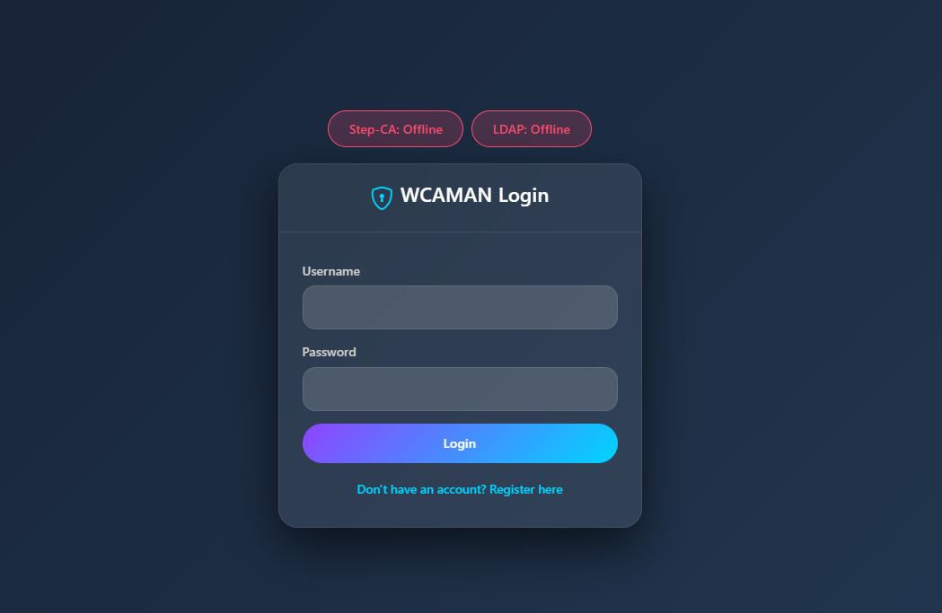 WCAMAN login page showing LDAP, step-ca, or configured backend services offline or unreachable.
