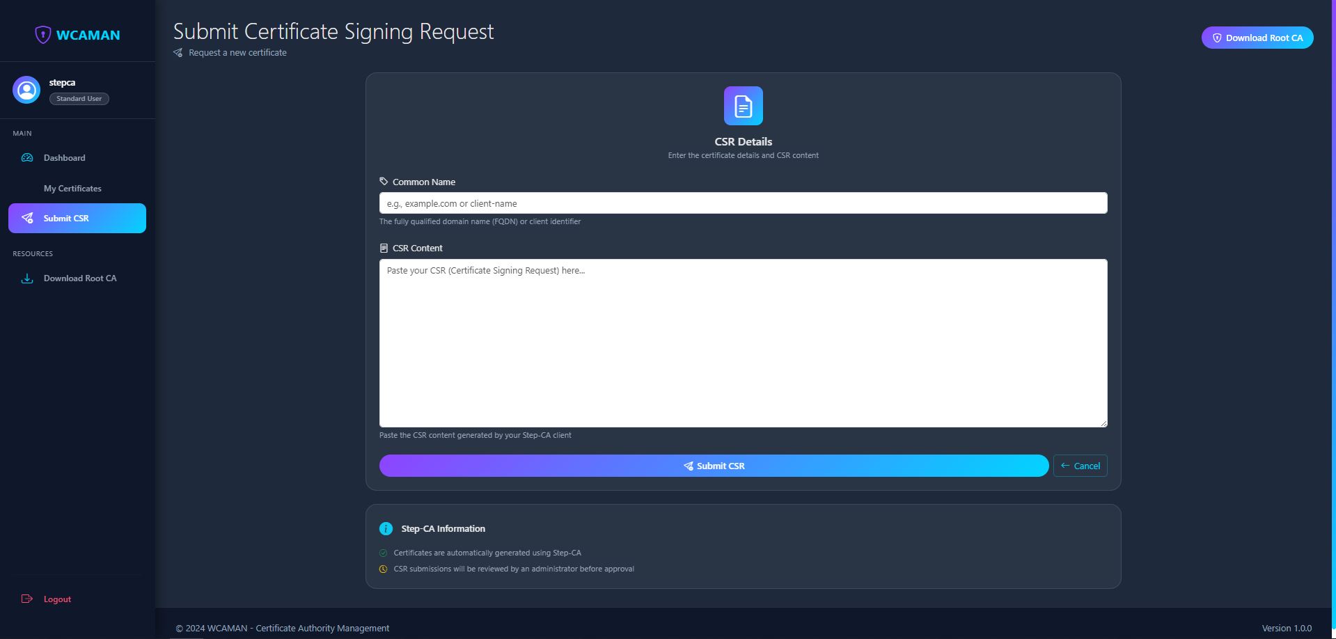 WCAMAN certificate signing request page for internal certificate generation.